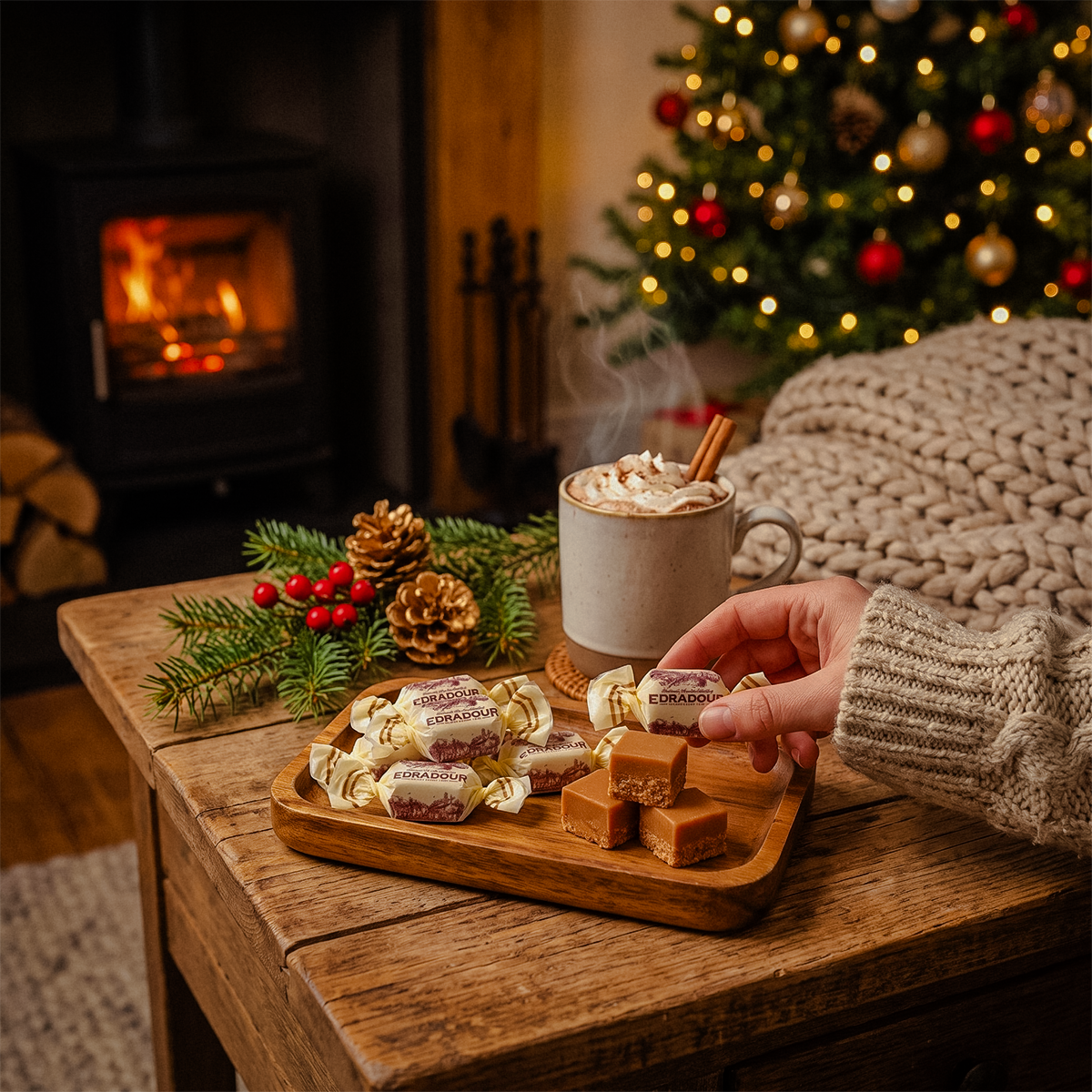 Hand reaching for fudge on a wooden board beside a mug, with a wood stove and Christmas tree behind