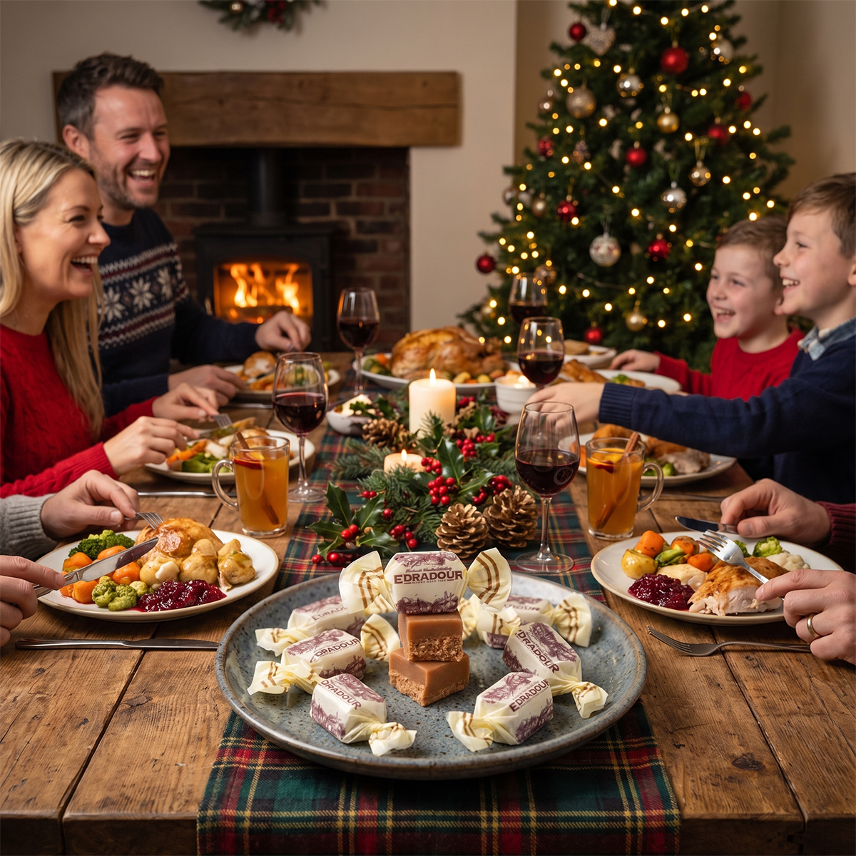 Family at a festive table with a plate of fudge, Christmas tree and fireplace in the background