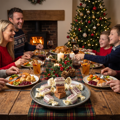 Family at a festive table with a plate of fudge, Christmas tree and fireplace in the background