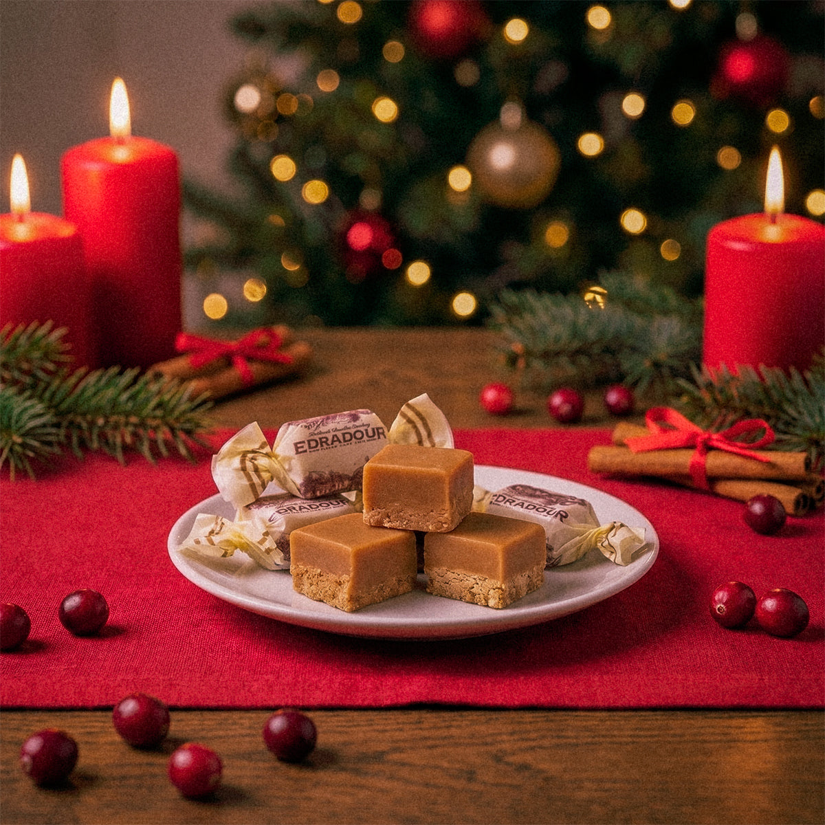 Plate of fudge on a red cloth with lit candles, pine sprigs, and a Christmas tree behind