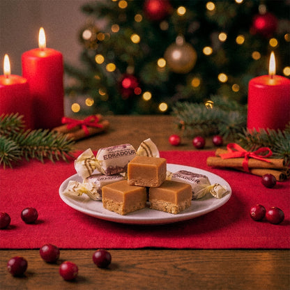 Plate of fudge on a red cloth with lit candles, pine sprigs, and a Christmas tree behind