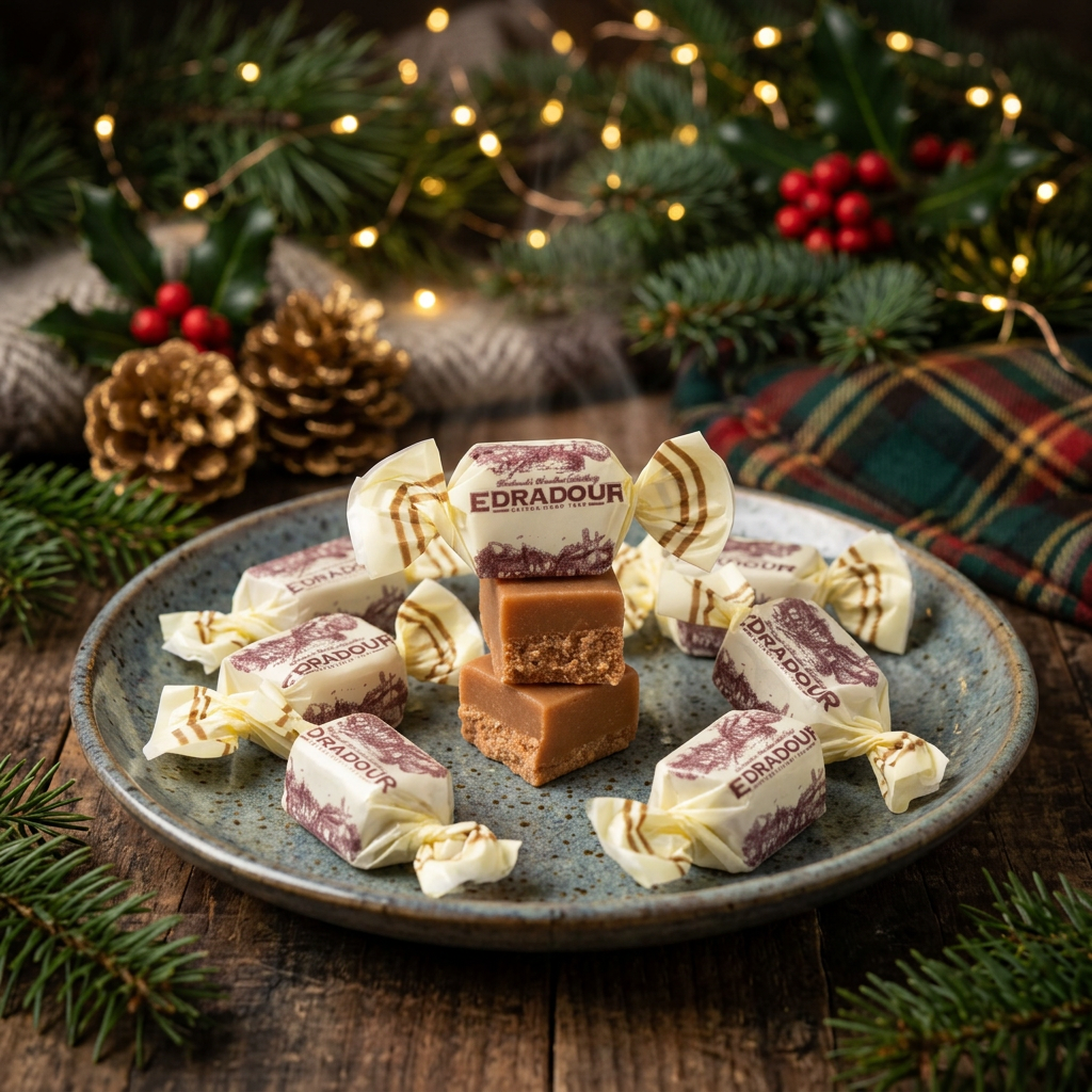 Christmas scene with fudge on a plate