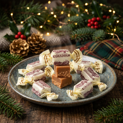 Christmas scene with fudge on a plate