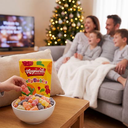 Hand reaching for a bowl of jelly babies with a Maynards box, family on a couch and Christmas tree behind.