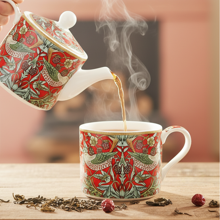 William Morris Strawberry Thief Tea for One decorative teapot with a colorful pattern pouring tea in the matching cup.