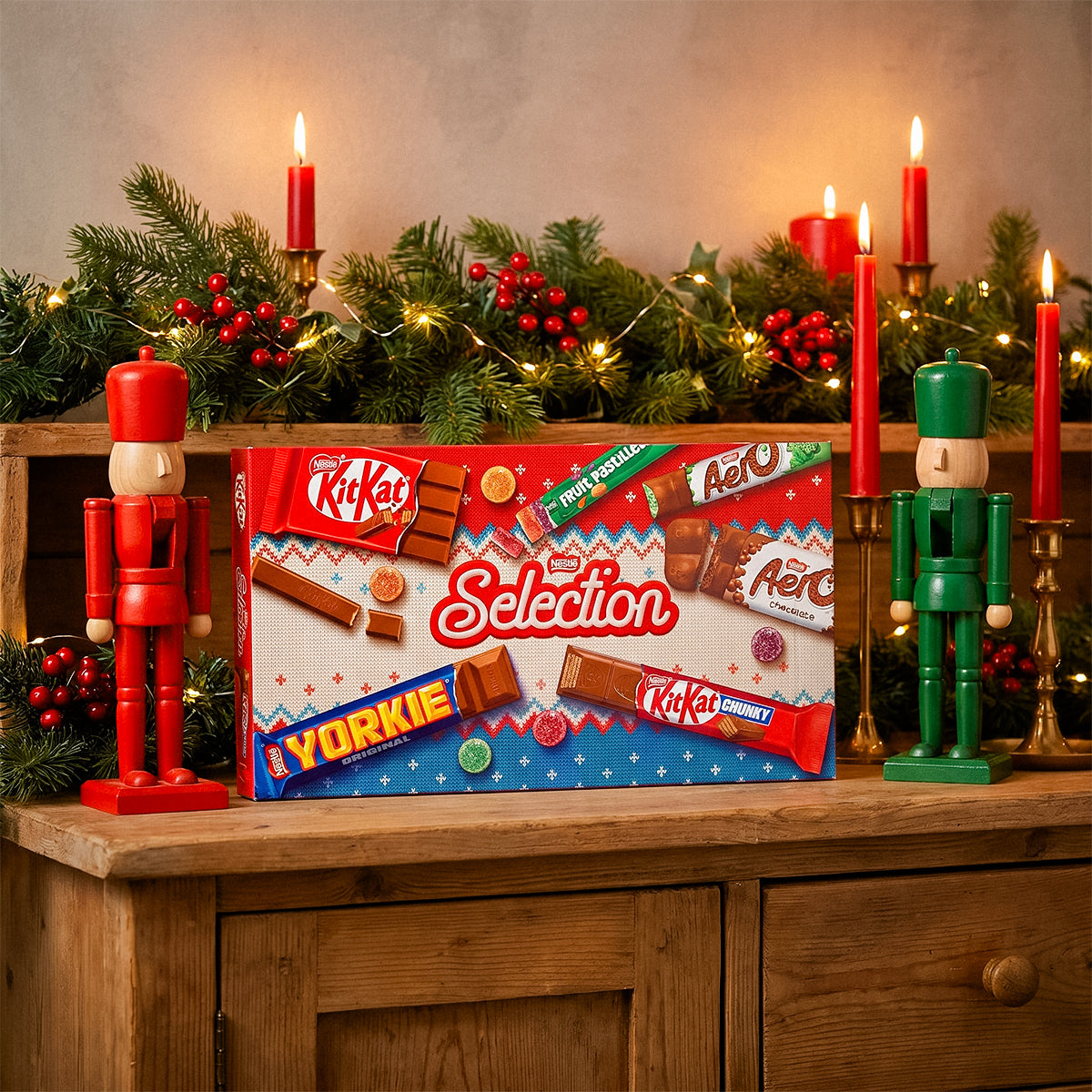 Nestlé Selection box on a wooden cabinet with nutcrackers, lit candles, and festive garland