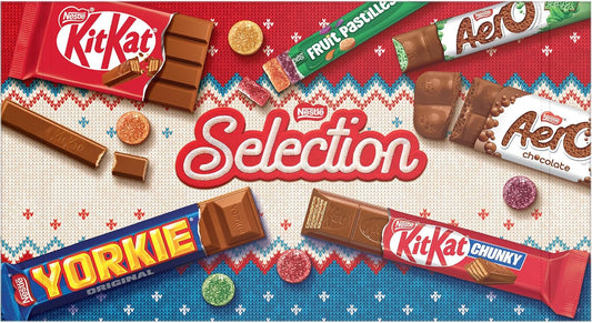 Nestle Christmas Selection box featuring assorted chocolates like KitKat, Yorkie, and Aero on a festive knit background.