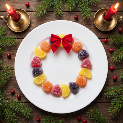Fruit pastilles arranged in a wreath shape on a plate with a red bow, candles, and pine sprigs