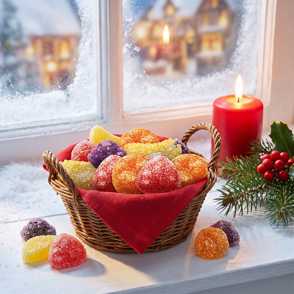 Basket of fruit pastilles on a snowy windowsill with a red candle and festive greenery