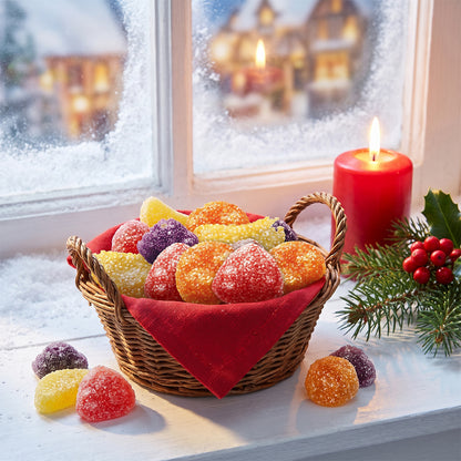 Basket of fruit pastilles on a snowy windowsill with a red candle and festive greenery