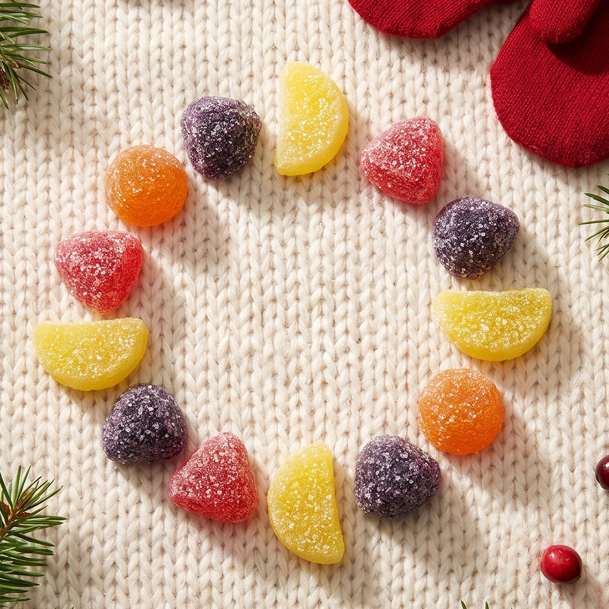 Fruit pastilles arranged in a circle on a knitted surface with a red bauble and pine sprig