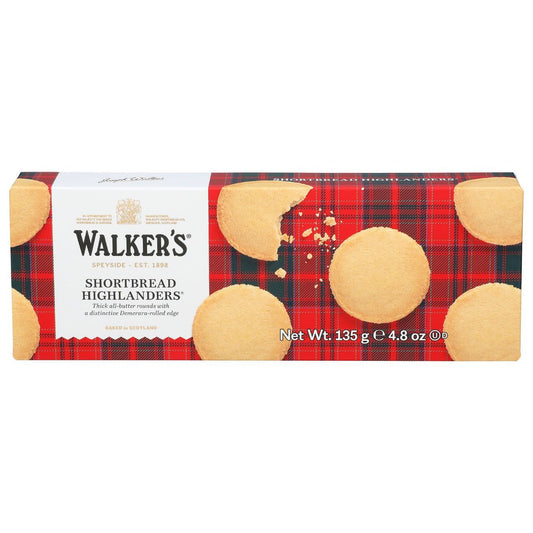 Box of Walkers Shortbread Highlanders with red plaid design on a white background