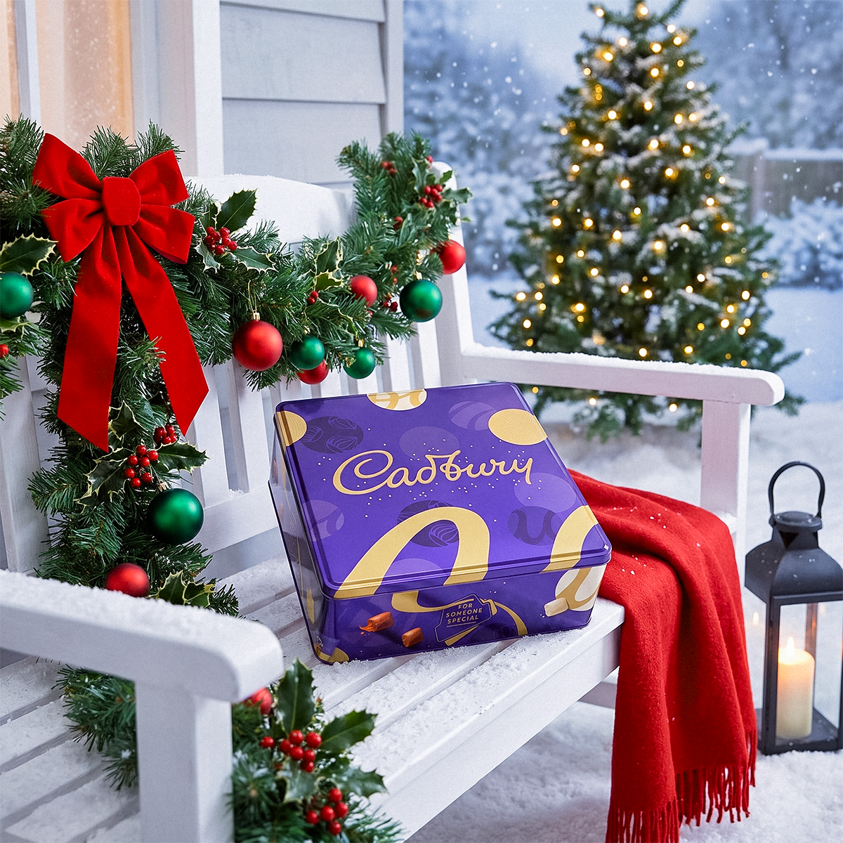 Cadbury gift box on a snowy porch chair with garland, a red bow, and a Christmas tree in the background