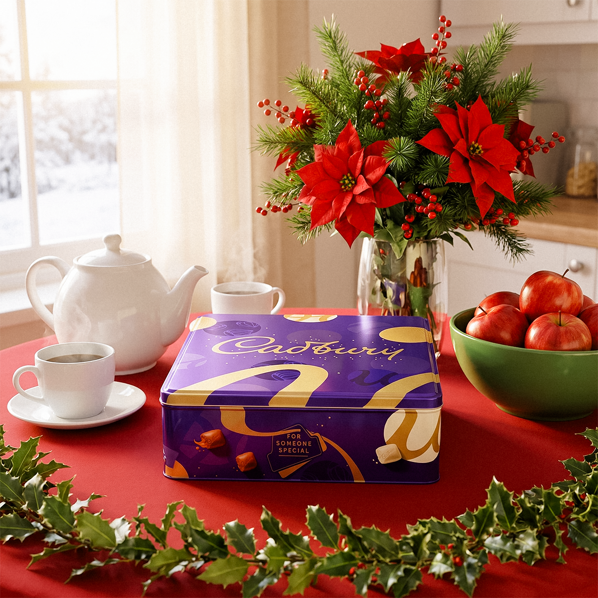 Cadbury gift box on a table with a teapot, cup, poinsettia, and bowl of apples
