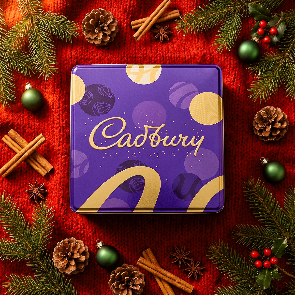 Cadbury gift box surrounded by pine branches, pinecones, cinnamon sticks, and red berries on a red surface