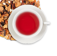Image icon of dry loose-leaf herbal tisane tea in the upper corner underneath a white teacup and saucer filled with red colored hot tea
