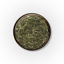 A bowl filled with loose leaf Japanese Sencha green tea.