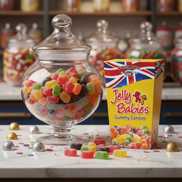 Glass jar filled with colorful jelly babies gummy candies next to a box of Jelly Babies on a table.