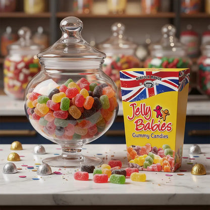 Glass jar filled with colorful jelly babies gummy candies next to a box of Jelly Babies on a table.