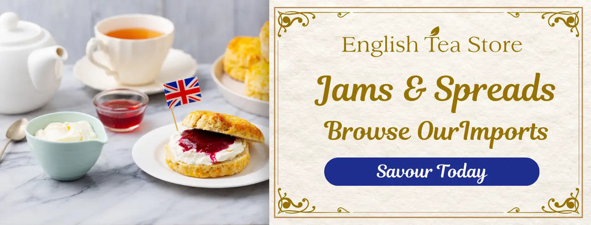 Tea set with scone and jam on a plate, accompanied by a promotional banner for English Tea Store.