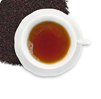 Image icon of dry loose-leaf tea in the upper corner underneath a white teacup and saucer filled with dark amber colored hot tea