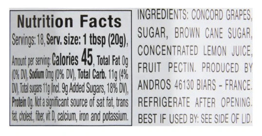 Nutrition facts label and ingredients list for a concord grape jam.