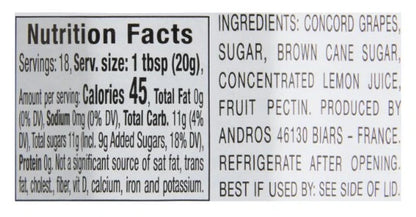 Nutrition facts label and ingredients list for a concord grape jam.