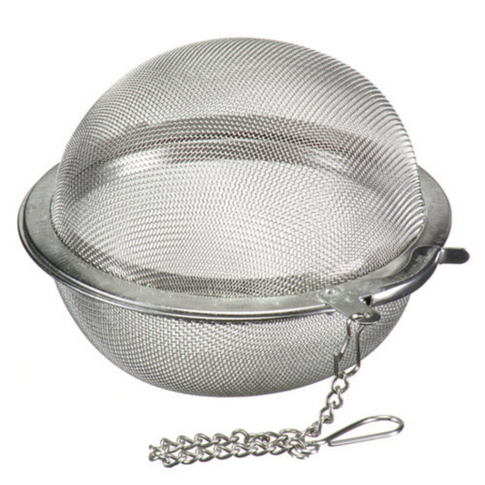 Metal mesh tea ball with chain on a white background
