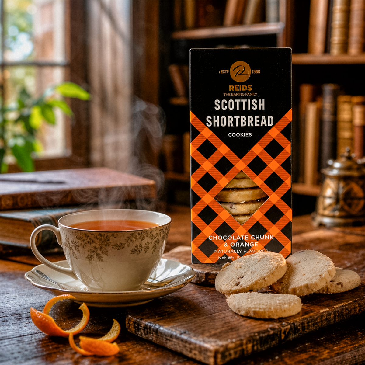 Product box with an orange pattern on a wooden table beside a mug and cookies.