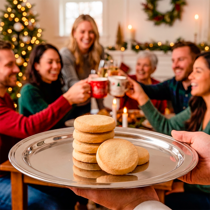 Group of people raising mugs at a table with cookies