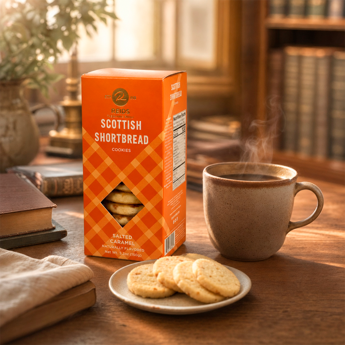 Product box on a table with scones and a teacup