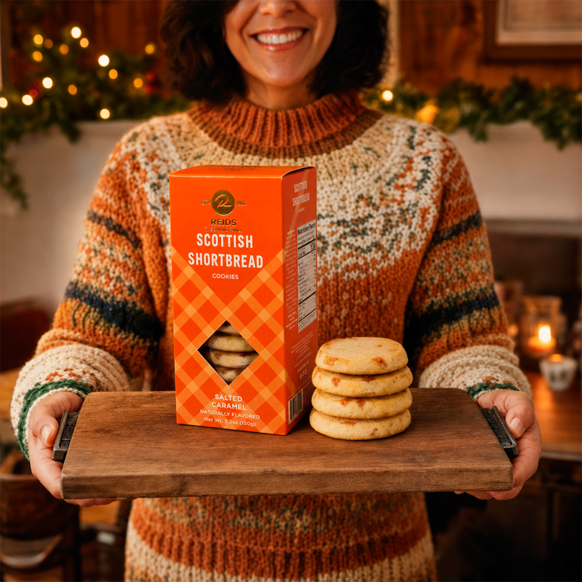 Person holding a product box and a plate of scones
