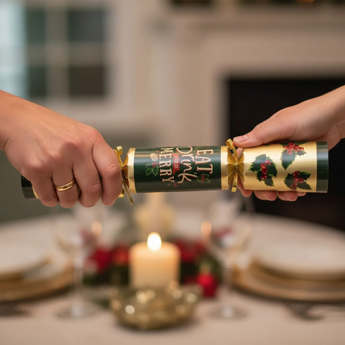Two hands holding Christmas crackers with a festive background