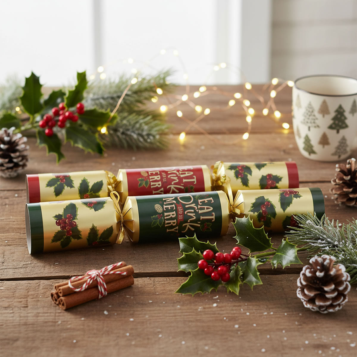 Decorative Christmas crackers on a wooden table with festive decorations.