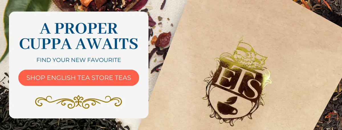 Promotional banner with various loose-leaf teas and Kraft paper teabag package with the ETS logo and a call out to shop "English Tea Store Teas"