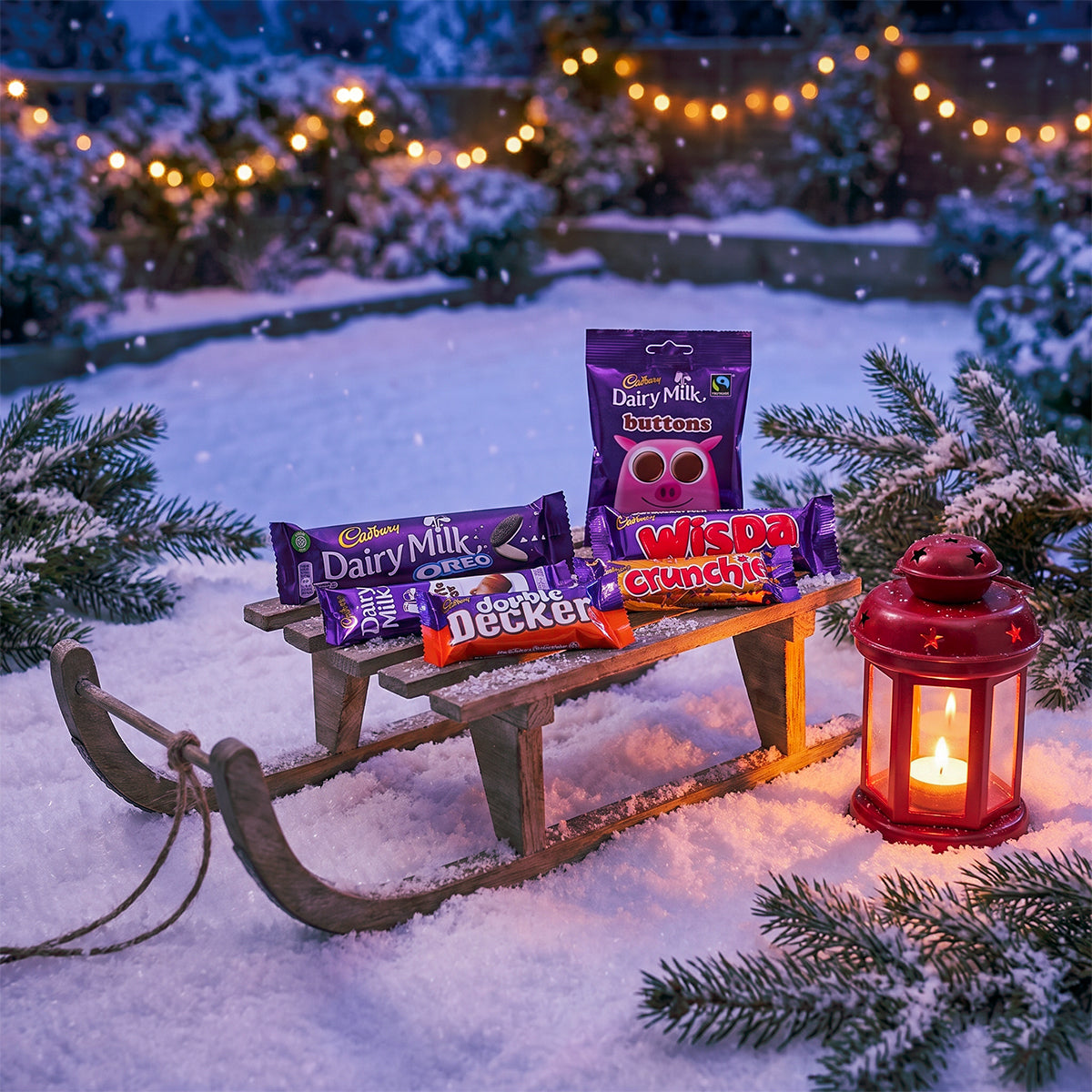Chocolate bars on a wooden sled in the snow with a lantern and festive lights
