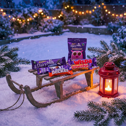 Chocolate bars on a wooden sled in the snow with a lantern and festive lights