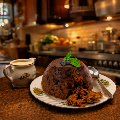 Christmas pudding on a plate with holly, on a wooden table with a jar in the background