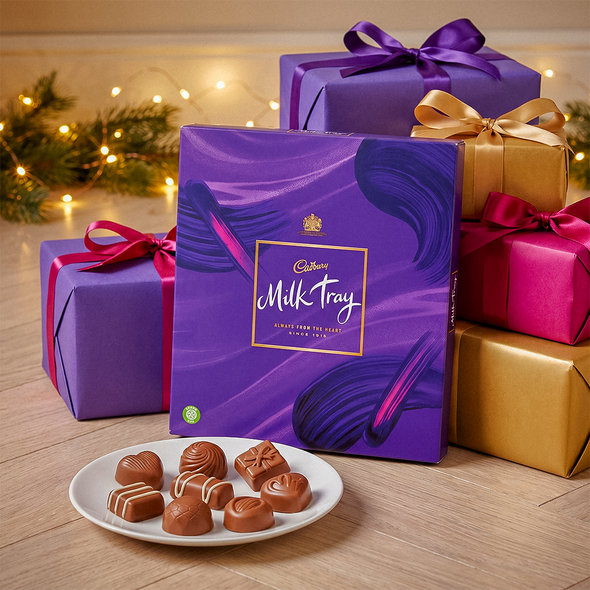 Milk Tray box on a wooden table with wrapped gifts, a plate of chocolates, and festive lights