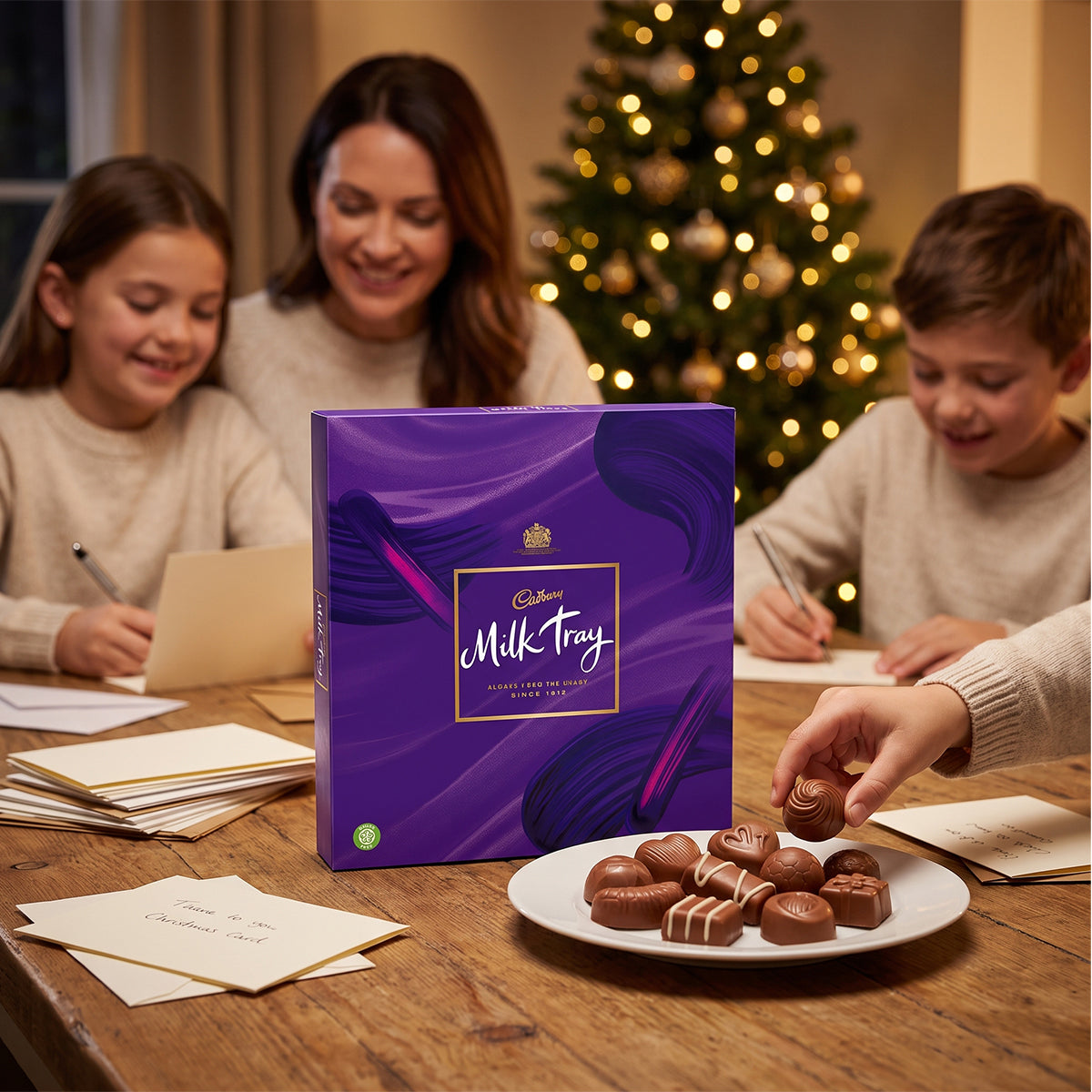 Two children and a woman at a table with a Milk Tray box and a plate of chocolates, Christmas tree behind