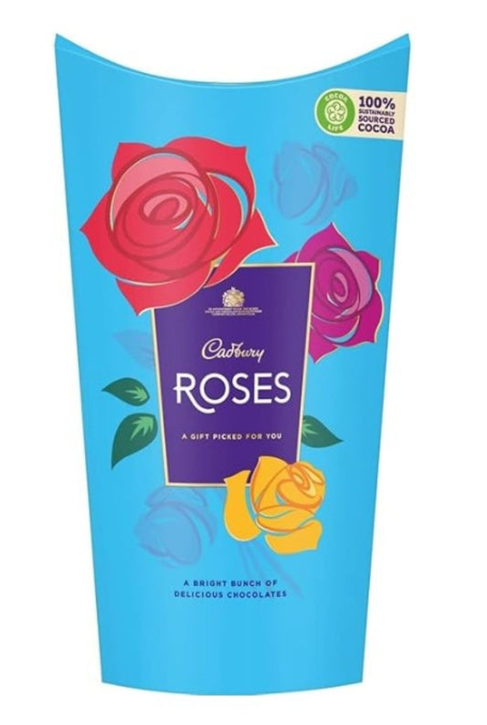 Cadbury Roses chocolate packaging with colorful roses on a blue background