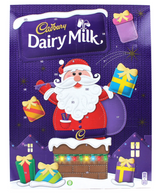 Cadbury Dairy Milk chocolate advent calendar with Santa Claus design on a purple background
