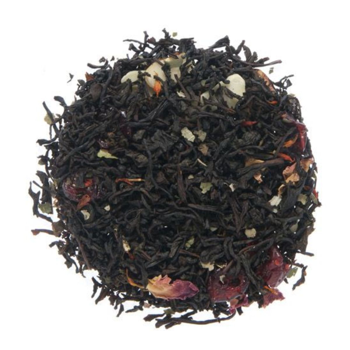 Loose-leaf black tea mixed with dark amber leaves.