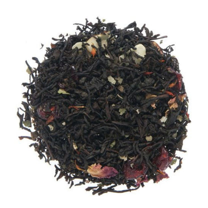 Loose-leaf black tea mixed with dark amber leaves.