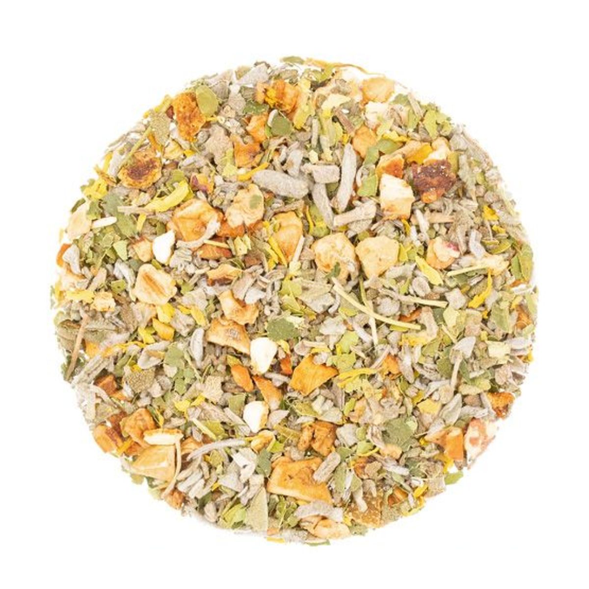 A round mix of herbal loose-leaf white tea mixed with dried fruit pieces.