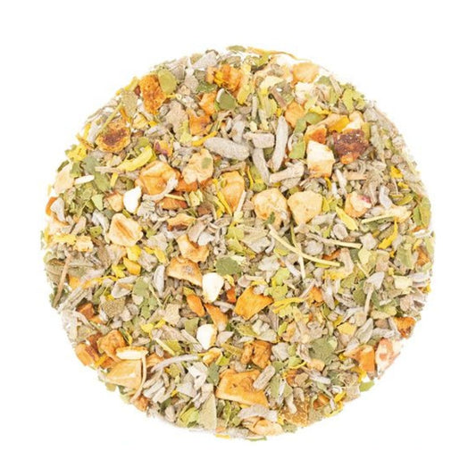 A round mix of herbal loose-leaf white tea mixed with dried fruit pieces.