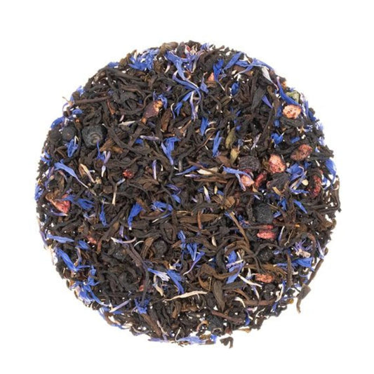 Loose-leaf black tea leaves on mixed with blue petals and pink petals.
