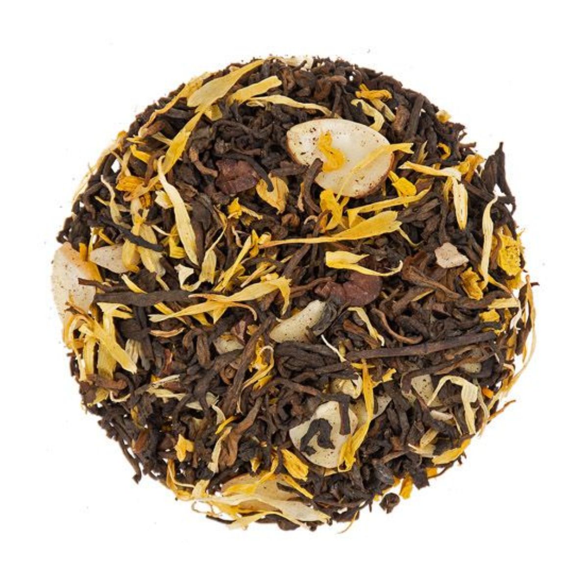 Tea ball with black and yellow tea leaves on a white background