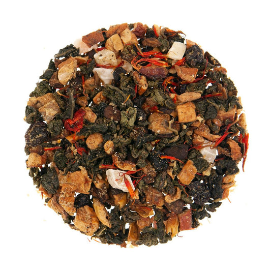 Herbal blend of tea leaves, dried fruit, and nut pieces.
