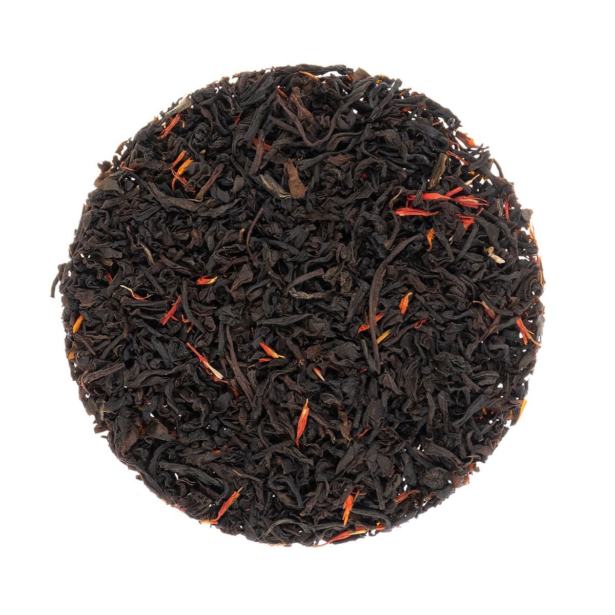 Round tea ball of Sugar Shack Smokey Maple black and red tea leaves on a white background